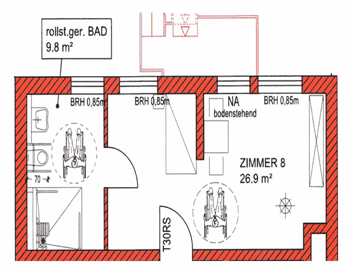 Grundriss eines Appartements: rollstuhlgerechtes Bad mit 9,8 Quadratmetern links, Wohn- und Schlafbereich mit 26,9 Quadratmetern rechts, eingezeichnete Wendekreise für den Rollstuhl